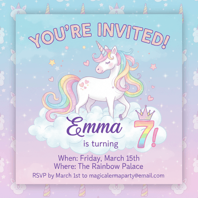 Unicorn birthday invitation personalized with guest name Emma
